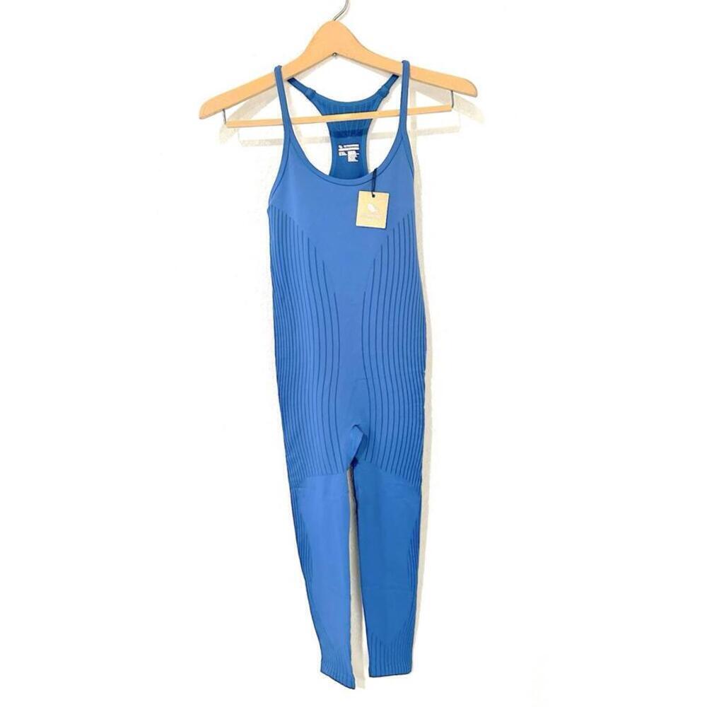 Astroremiges Women's Jumpsuit One Piece Full Length Straps Blue Ribbed Size S - Picture 1 of 15